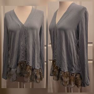 LOGO Lori Goldstein Cardigan Top Small Blue Ruffle Trim Contemporary Boho Beachy